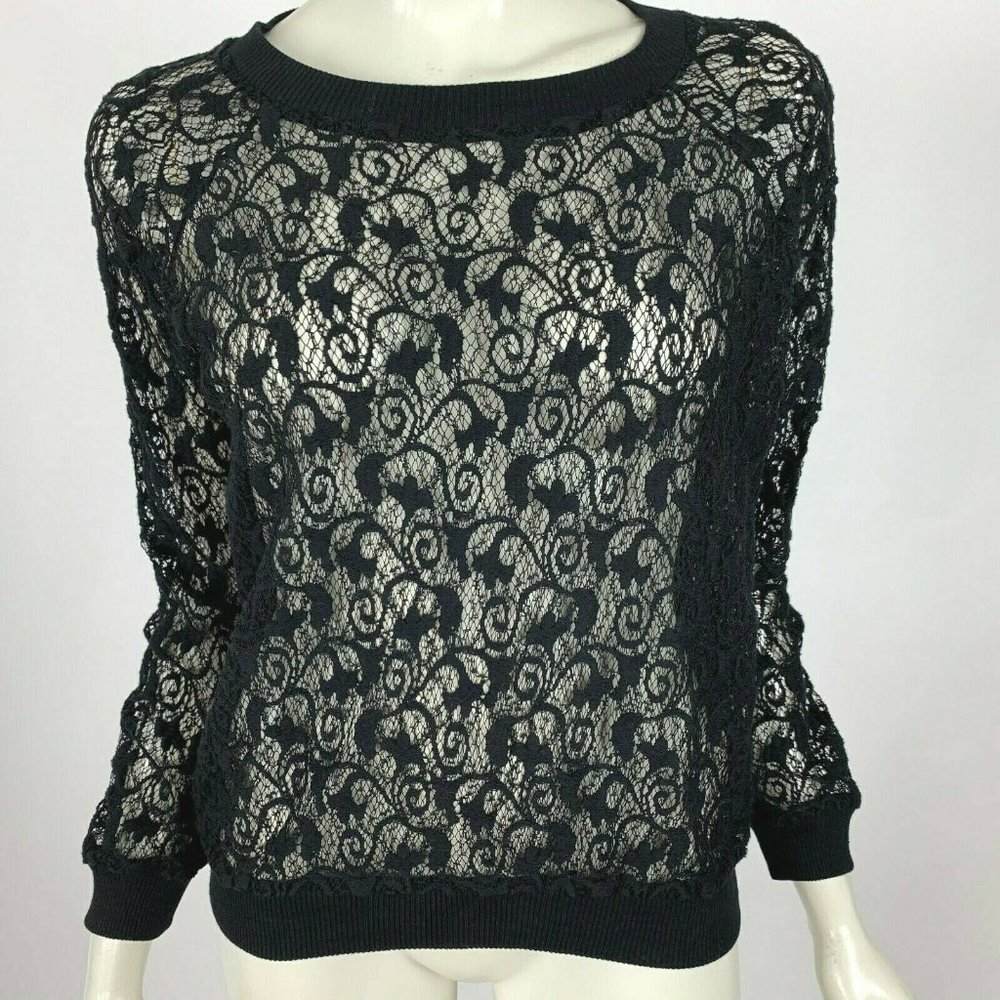 Rebecca Taylor Pullover Black‎ Lace Long Sleeve Top
